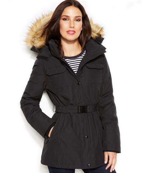 michael michael kors lux faux fur trim hooded zip jacket|Michael Kors hooded puffer coat.